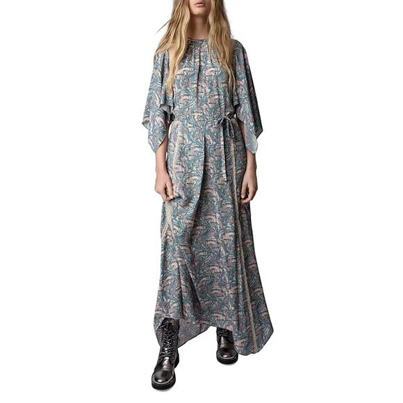 Zadig & Voltaire Silk Lace Blend Chain Print Maxi Dress Long Sleeves Size L NWT - Picture 1 of 12